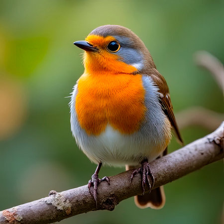 A close-up of a European robin, Erythacus rubecula, elegantly perched on a twig with a soft, blurred background that accentuates the bird's bright plumage.Extra close up portrait of an European robin (Erithacus rubecula) sits on a ground.A robin bird is perched on a branch in a tree. The bird is looking up at something, possibly a predator or another bird. The scene is peaceful and serene.created with the help of artificial intelligence.の素材
