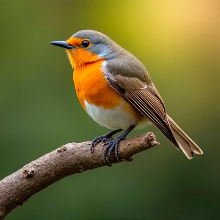 A close-up of a European robin, Erythacus rubecula, elegantly perched on a twig with a soft, blurred background that accentuates the bird's bright plumage.Extra close up portrait of an European robin (Erithacus rubecula) sits on a ground.A robin bird is perched on a branch in a tree. The bird is looking up at something, possibly a predator or another bird. The scene is peaceful and serene.created with the help of artificial intelligence.の素材