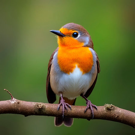 A close-up of a European robin, Erythacus rubecula, elegantly perched on a twig with a soft, blurred background that accentuates the bird's bright plumage.Extra close up portrait of an European robin (Erithacus rubecula) sits on a ground.A robin bird is perched on a branch in a tree. The bird is looking up at something, possibly a predator or another bird. The scene is peaceful and serene.created with the help of artificial intelligence.の素材
