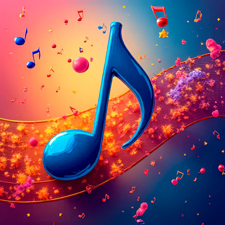 Musical notes on a multicolored background.3d. musical texture.Treble clef and bass clef.created with the help of artificial intelligence.の素材