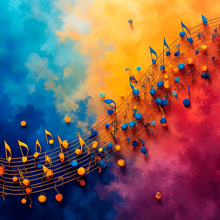 Musical notes on a multicolored background.3d. musical texture.Treble clef and bass clef.created with the help of artificial intelligenceの素材