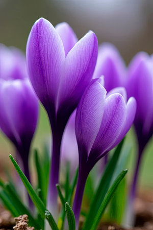 Purple crocus flowers in spring.Spring growing flowers and nature that comes alive.A group of purple white crocuses in the grass.Crocus Purple spring flower growth in the snow with copy space for text. Floral wide panorama. Crocus Iridaceae.created with the help of artificial intelligence.の素材