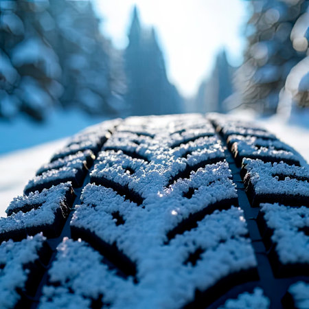 a car wheel in the snow.Closeup view of the car's wheel on the snowy road in natural park.Close-up of car tires in winter on a road covered with snow.Winter tire. Detail of car tires in winter on the road covered with snow.created with the help of artificial intelligence.の素材