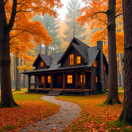 Autumn forest with wooden house on glade. illustration of deep woods landscape with forester hut, grass and orange trees. Fall scene with cottage.created with the help of artificial intelligence.の素材