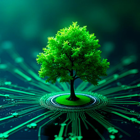 A tree with soil growing at the intersection of digital networks.A tree with soil growing at the convergence point of a computer printed circuit board. Blue light and wireframe network background. The concept of eco-friendly computing, green technologies, green technologies, corporate social responsibility and ethics from.created with the help of artificial intelligence.の素材