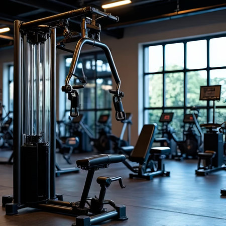 A contemporary gym environment with advanced fitness equipment, softly blurred for a sleek and motivating workout background. The bright lighting and open space enhance the energetic ambiance.A lot of sport Exercise machine Stand behind one another. Blurred sunny sport club gym equipment.created with the help of artificial intelligence.の素材