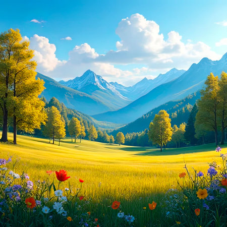 illustration background of the Italian countryside. Hill landscape with pines and cypresses. Spring scenery with green grass and blue sky.created with the help of artificial intelligence.の素材