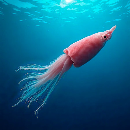squid in the crystal clear waters of the sea.squid underwater calamari drifting and swimming underwater close and slow ocean scenery animal cephalopod : Decapodiformes loligo vulgaris.created with the help of artificial intelligence.の素材