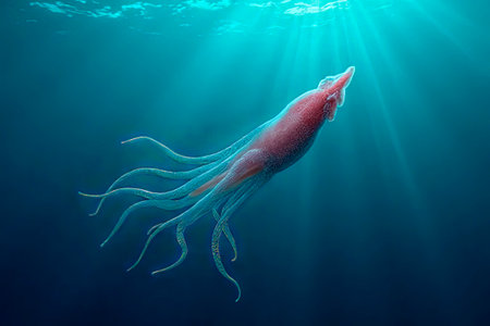 squid in the crystal clear waters of the sea.squid underwater calamari drifting and swimming underwater close and slow ocean scenery animal cephalopod : Decapodiformes loligo vulgaris.created with the help of artificial intelligence.の素材