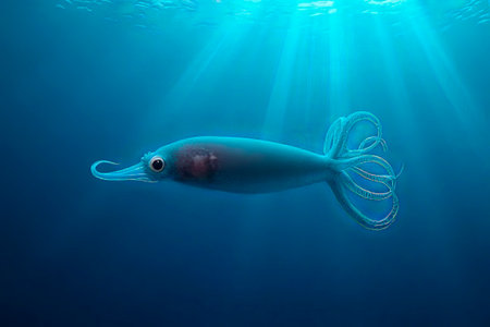 squid in the crystal clear waters of the sea.squid underwater calamari drifting and swimming underwater close and slow ocean scenery animal cephalopod : Decapodiformes loligo vulgaris.created with the help of artificial intelligence.の素材