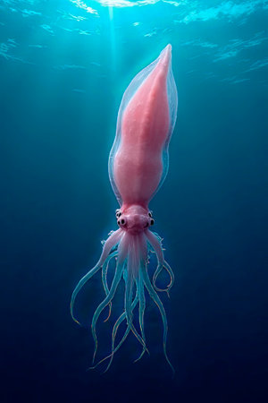 squid in the crystal clear waters of the sea.squid underwater calamari drifting and swimming underwater close and slow ocean scenery animal cephalopod : Decapodiformes loligo vulgaris.created with the help of artificial intelligence.の素材