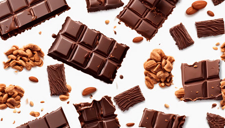Levitating pieces of dark chocolate on a white background. An explosion of broken chocolate bar pieces and cocoa crumbs. Chocolate flakes and chips Top view. He was lying flat.A luxurious broken piece of chocolate bar is insulated.created with the help of artificial intelligence.の素材