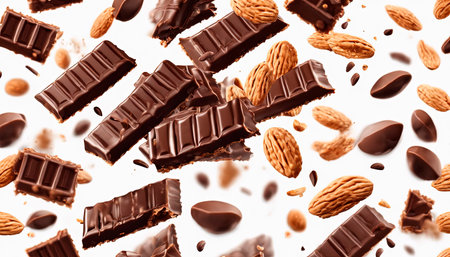 Levitating pieces of dark chocolate on a white background. An explosion of broken chocolate bar pieces and cocoa crumbs. Chocolate flakes and chips Top view. He was lying flat.A luxurious broken piece of chocolate bar is insulated.created with the help of artificial intelligence.の素材