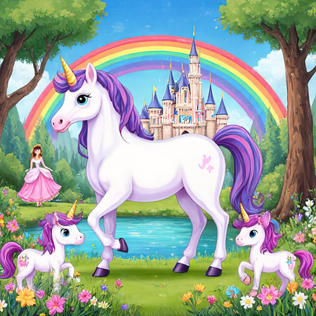 A unicorn on the background of a magical forest. A template for the cover of a book with fairy tales or a poster.Beautiful unicorns. A fairy tale background with a princess castle, a horse or a little pony. A fabulous flower meadow with a lake, a rainbow. Illustration for children's prints, wallpapers, puzzles.created with the help of artificial intelligence.の素材