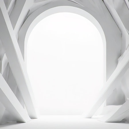 White abstract geometric architecture, Interior geometry scene, 3d rendering. Digital drawing.Abstract architecture background arched interior 3d render.created with the help of artificial intelligence.の素材
