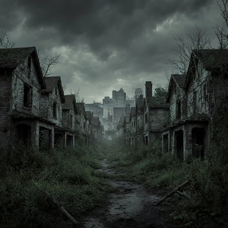 An abandoned gloomy city without people. An abandoned city, abandoned houses. Overgrown houses, complete ruin.Illustration.created with the help of artificial intelligence.の素材