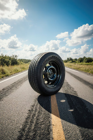 Summer tires on road in sunny day near beautiful.Summer tires on a country road.A road with tire tracks on it and the sky is background beauty nature.A car advertising poster with tires. A set of black rubber tires. A tire for a car wheel with a shiny disc.created with the help of artificial intelligence.の素材