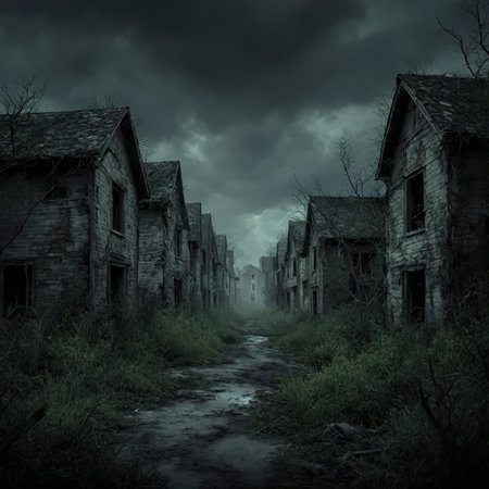 An abandoned gloomy city without people. An abandoned city, abandoned houses. Overgrown houses, complete ruin.Illustration.created with the help of artificial intelligence.の素材