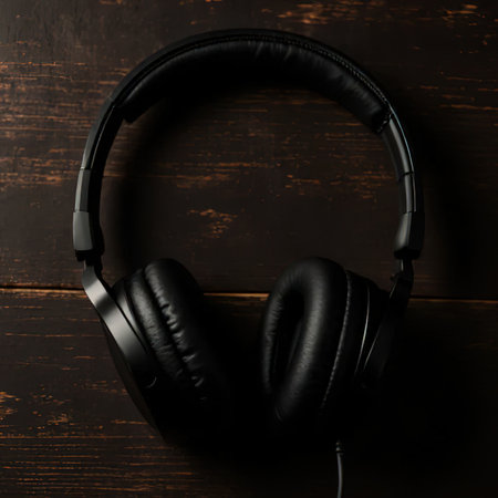 The headphones are on a wooden table.Black headphones on a dark wooden background. Vintage style.Headphones on wooden desk table. Music concept. Top view with copy space.created with the help of artificial intelligence.の素材