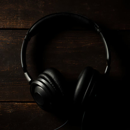 The headphones are on a wooden table.Black headphones on a dark wooden background. Vintage style.Headphones on wooden desk table. Music concept. Top view with copy space.created with the help of artificial intelligence.の素材