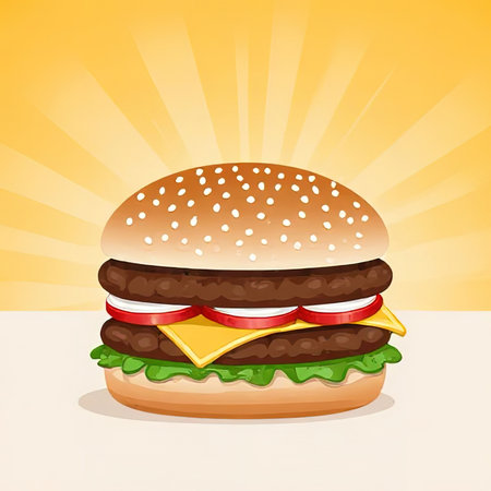 Minimal background for fast food concept. Hamburger cartoon style on background. rendering illustration. Clipping path of each element included.created with the help of artificial intelligence.の素材
