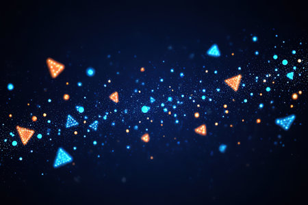 Dark blue and glow particle abstract background.Hi-tech futuristic techno background, neon shapes and dots. Technology connection, big data, dotted structure, blue and orange colors.created with the help of artificial intelligence.の素材