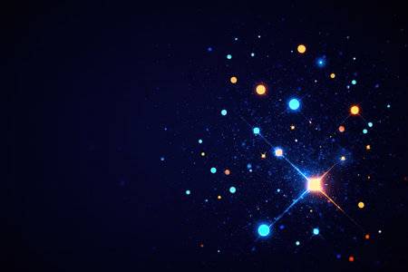 Dark blue and glow particle abstract background.Hi-tech futuristic techno background, neon shapes and dots. Technology connection, big data, dotted structure, blue and orange colors.created with the help of artificial intelligence.の素材