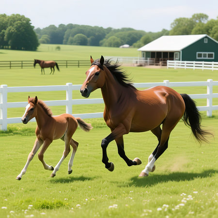 Horses are running on the lawn.Horse, farm and running on grass with fence at ranch or healthy development of mare for agriculture or equestrian. Colt, pony and mustang on lawn in summer.created with the help of artificial intelligence.の素材