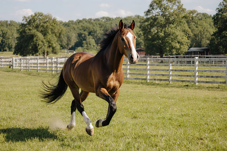 Horses are running on the lawn.Horse, farm and running on grass with fence at ranch or healthy development of mare for agriculture or equestrian. Colt, pony and mustang on lawn in summer.created with the help of artificial intelligence.の素材