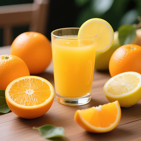 Bright whole fruits, oranges, halves, slices, Healthy food products, lemonade. Orange juice in a glass on the table.created with the help of artificial intelligence.の素材