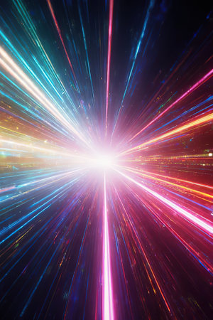 Vector Abstract, science, futuristic, energy technology concept. Digital image of light rays, stripes of lines with colored light, speed and motion blur on a multicolored background.created with the help of artificial intelligence.の素材