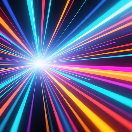 Vector Abstract, science, futuristic, energy technology concept. Digital image of light rays, stripes of lines with colored light, speed and motion blur on a multicolored background.created with the help of artificial intelligence.の素材