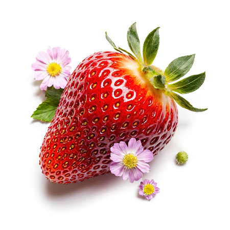 Ripe strawberries and flowers in hair on white background.Strawberry isolated on white background, clipping path, full depth of field.Fresh strawberry fruits, flowers and leaves collection and creative layout isolated on white background. Healthy eating and food concept. Top view, flat lay. Design element.created with the help of artificial intelligence.の素材