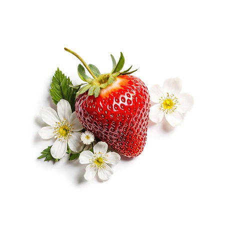 Ripe strawberries and flowers in hair on white background.Strawberry isolated on white background, clipping path, full depth of field.Fresh strawberry fruits, flowers and leaves collection and creative layout isolated on white background. Healthy eating and food concept. Top view, flat lay. Design element.created with the help of artificial intelligence.の素材