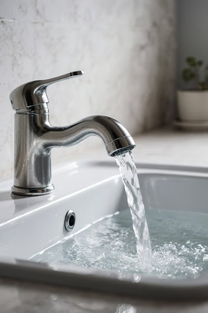 a faucet with a sink from which water pours.Water flowing out of a kitchen stainless steel tap into the sink. Wasting water by leaving a chrome faucet tap running. Overusing household water. Water misuse in domestic duties and activities.created with the help of artificial intelligence.の素材
