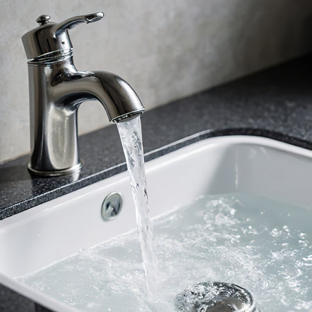 a faucet with a sink from which water pours.Water flowing out of a kitchen stainless steel tap into the sink. Wasting water by leaving a chrome faucet tap running. Overusing household water. Water misuse in domestic duties and activities.created with the help of artificial intelligence.の素材