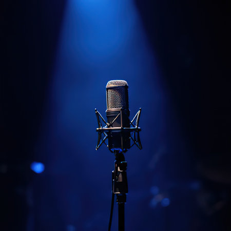 Centrally located microphone with stand in the music studio with backlight in the background.Microphones prepared for the concert in the dark stage shows, dark blue background, an empty dark scene, neon light, spotlights.created with the help of artificial intelligence.の素材