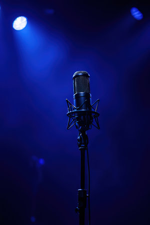 Centrally located microphone with stand in the music studio with backlight in the background.Microphones prepared for the concert in the dark stage shows, dark blue background, an empty dark scene, neon light, spotlights.created with the help of artificial intelligence.の素材