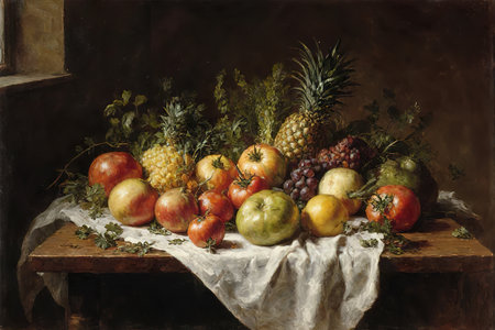 An illustration with fresh organic fruits and vegetables for a healthy diet. A set of vegetarian cuts, fruits.Still life of fruits in a vase.still life of fruits and vegetables on the table.created with the help of artificial intelligence.の素材