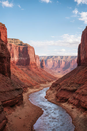 Canyon with river on bottom, national park. Red sandstone mountains, horizon with sand rocks and sky, nature landscape background, created with the help of artificial intelligence.の素材