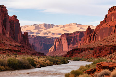 Canyon with river on bottom, national park. Red sandstone mountains, horizon with sand rocks and sky, nature landscape background, created with the help of artificial intelligence.の素材