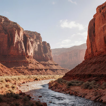 Canyon with river on bottom, national park. Red sandstone mountains, horizon with sand rocks and sky, nature landscape background, created with the help of artificial intelligence.の素材