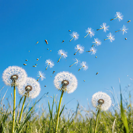 Beautiful puffy dandelions and flying seeds against blue sky on sunny day.Dandelion seeds blowing in the wind across a summer field background, conceptual image meaning change, growth, movement and direction.created with the help of artificial intelligence.の素材