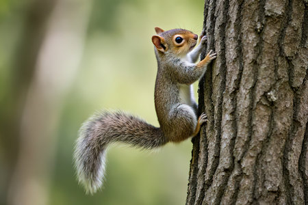 squirrel. Cute wild animal with acorn. Playful fluffy creature holding mushroom and climbing on tree trunk. orange forest rodents set with furry tail jumping on branches.created with the help of artificial intelligence.の素材