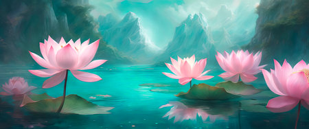 A beautiful pink lotus, a water plant with a reflection in a pond.Blossoming lotus flower -nelumbo nucifera- on red lotus.Fine art beautiful pink lotus flower in lake.closeup of a beautiful water liliy plant underwater in a pond on a rainy summer day, nature scene background concept with copy space for spa, garden and relaxation.created with the help of artificial intelligence.の素材