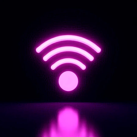 neon wi-fi icon on a black background.Bright color wi-fi symbol isolated on a black background.A vibrant neon wi-fi symbol glows brightly against a stark black background. The icon is encircled by a gradient ring, transitioning from red to green.created with the help of artificial intelligence.の素材
