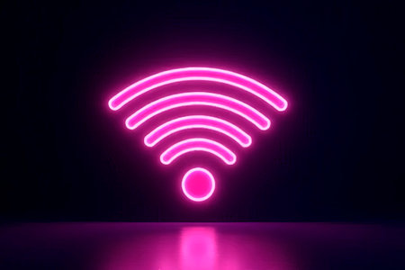 neon wi-fi icon on a black background.Bright color wi-fi symbol isolated on a black background.A vibrant neon wi-fi symbol glows brightly against a stark black background. The icon is encircled by a gradient ring, transitioning from red to green.created with the help of artificial intelligence.の素材
