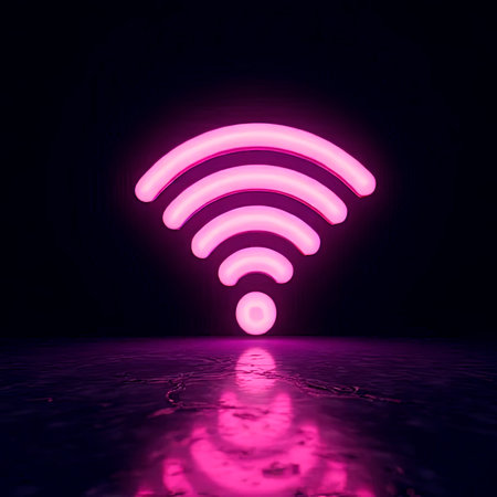 neon wi-fi icon on a black background.Bright color wi-fi symbol isolated on a black background.A vibrant neon wi-fi symbol glows brightly against a stark black background. The icon is encircled by a gradient ring, transitioning from red to green.created with the help of artificial intelligence.の素材