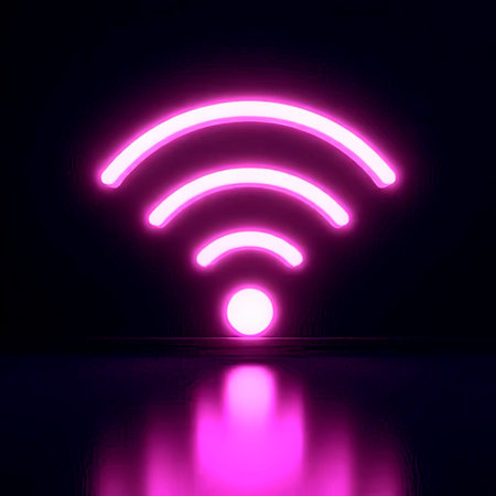 neon wi-fi icon on a black background.Bright color wi-fi symbol isolated on a black background.A vibrant neon wi-fi symbol glows brightly against a stark black background. The icon is encircled by a gradient ring, transitioning from red to green.created with the help of artificial intelligence.の素材