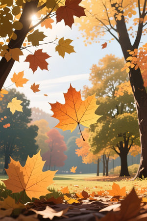 Seamless pattern bright colorful autumn foliage isolated on background. Graphic design autumn symbol. Red orange yellow dry autumn leaves. Autumn foliage seasonal background.created with the help of artificial intelligence.の素材